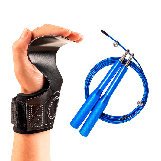 Kit Hand Grip Skyhill CF e Corda Speed Aço Cross Fit Azul