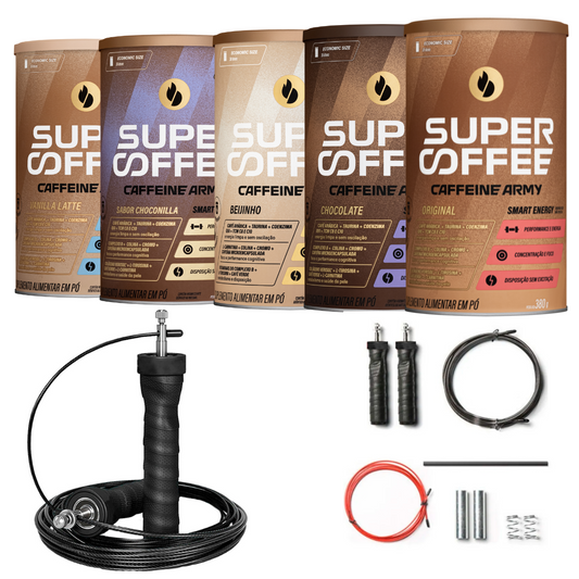 Kit Pré Treino Café SuperCoffee 380gr Caffeine Army + Corda Profissional Cor Preta Com Rolamento