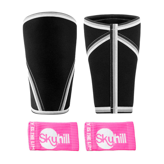 Kit Joelheira Neoprene 7mm Preta e Munhequeira Canelada Skyhill Rosa