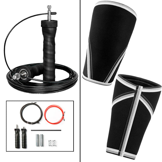 Kit Corda Profissional com Rolamento Emborrachada +  Joelheira Neoprene 7mm Preta