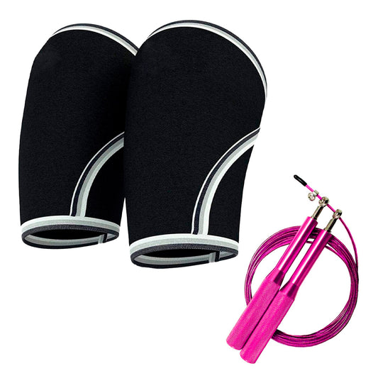 Kit Joelheira Neoprene 7mm Preta e Corda Speed Aço Rosa