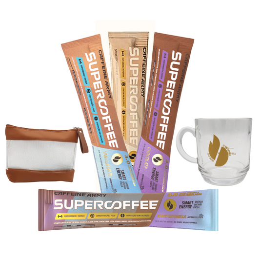 Kit Experimentação Pré Treino SuperCoffee 4 Sabores de Sachês de 10g + Brinde Exclusivo Caffeine Army