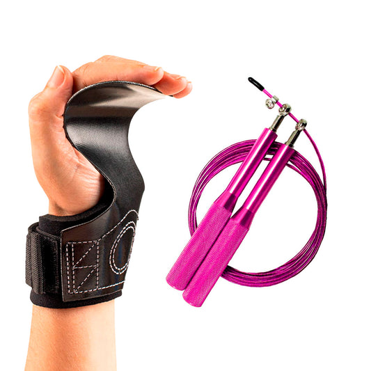 Kit Hand Grip Skyhill CF e Corda Speed Aço Cross Fit Rosa