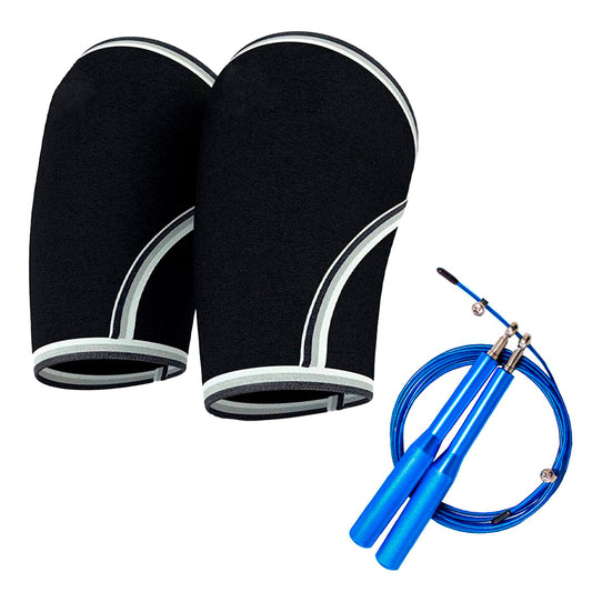 Kit Joelheira Neoprene 7mm Preta e Corda Speed Aço Azul