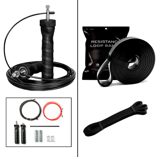 Kit Corda Profissional com Rolamento Emborrachada com Elástico Super Band Preto Resistência Média