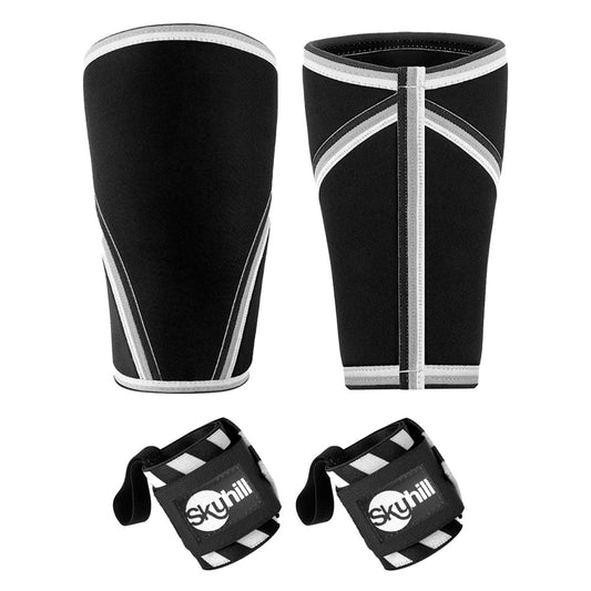 Kit Joelheira Neoprene 7mm Preta e Munhequeira Elástica Listrada Skyhill